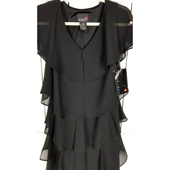 90s Scarlett black ruffle midi mid length pullover cocktail dress LBD 8 - Picture 4 of 4